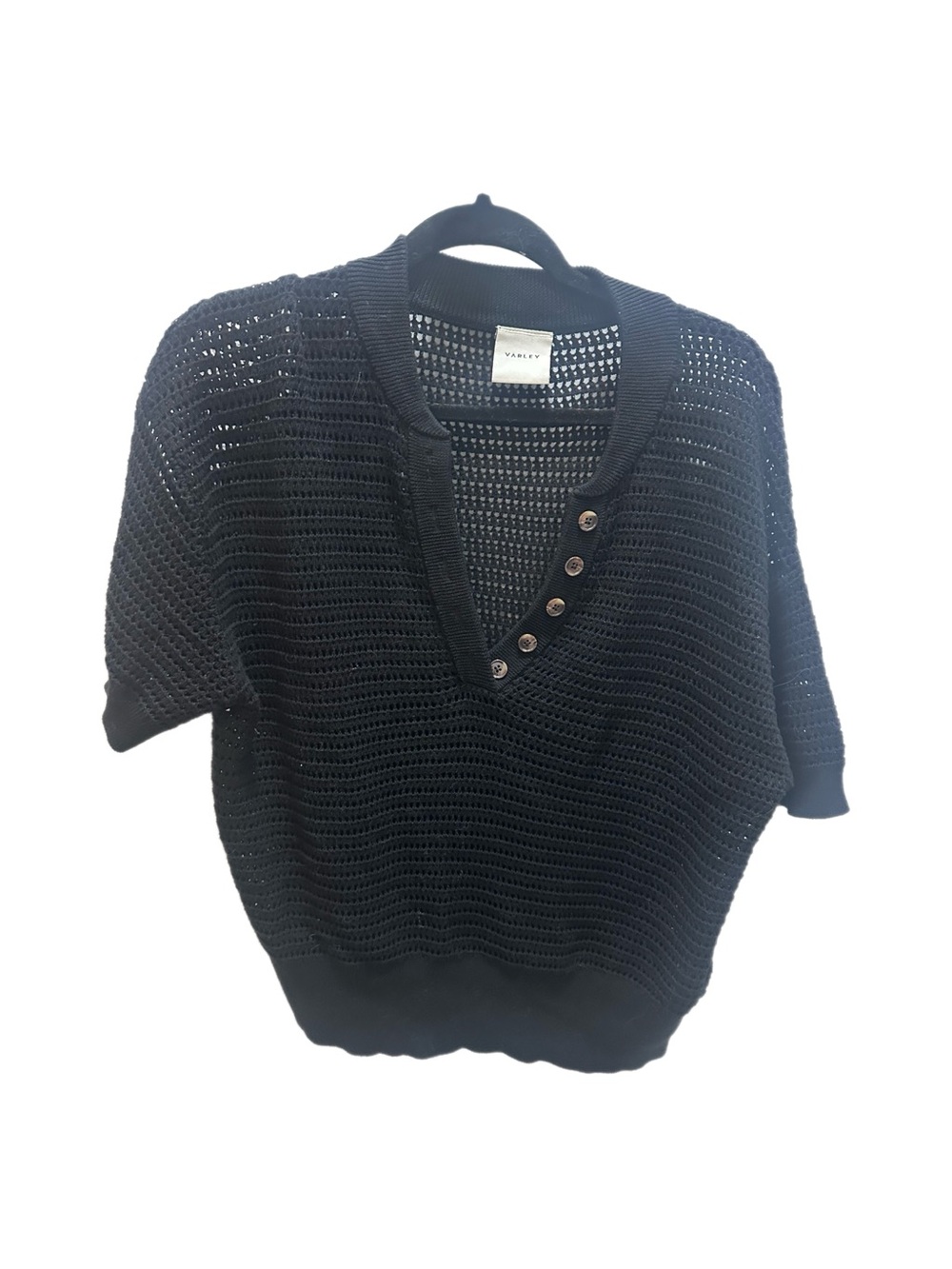 Varley Black Open-Weave V-Neck Sweater with Side Buttons